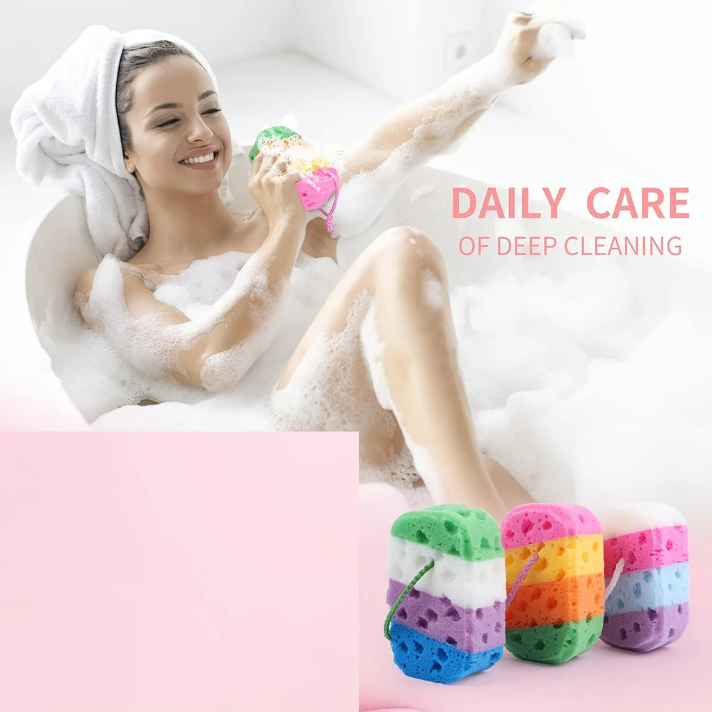 Rainbow Bath Sponge, Soft Exfoliating Body Sponge With Hanging Rope, Reusable Shower Scrubber For Adults Qme