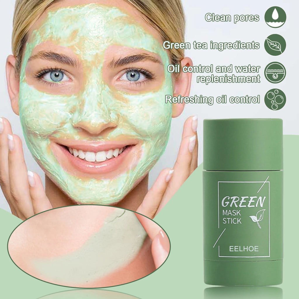 Green Tea Solid Mask Face Clean Mask Stick Shrink Pores Deep Cleans Acne Blackhead Remover Facial Cleansing Moisturizing Mask Qme