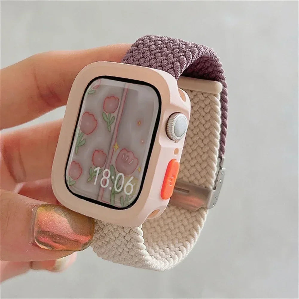 Candy Silicone Case+Strap For Apple Watch Series 9 8 7 45mm 41mm Band SE 6 5 4 44mm 40mm Nylon correa Strap iwatch Ultra 2 49mm Qme Starlight Purple For Series 789 41mm