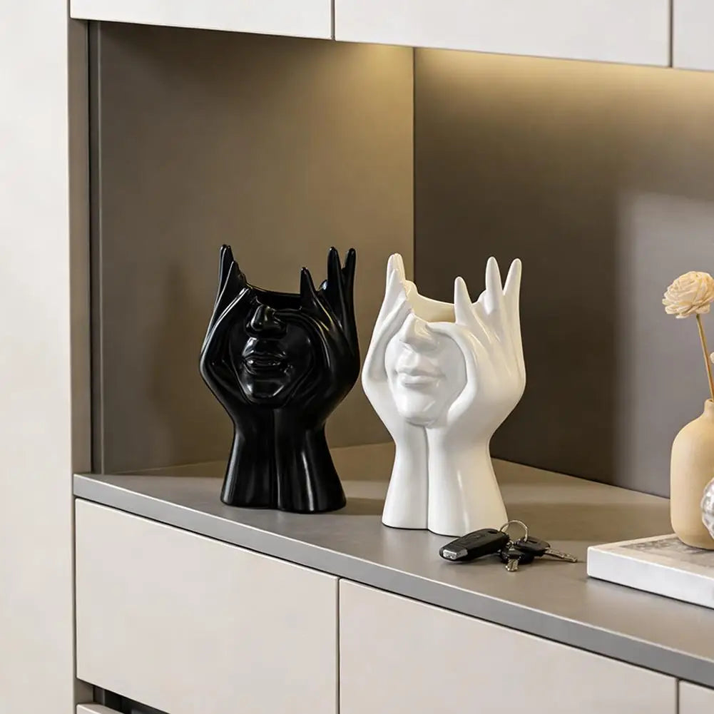 Pen Holder & Desk Decor White Abstract Face Sculpture with Hands, Modern Office Desktop Organizer for Pens, Makeup Brushes Qme