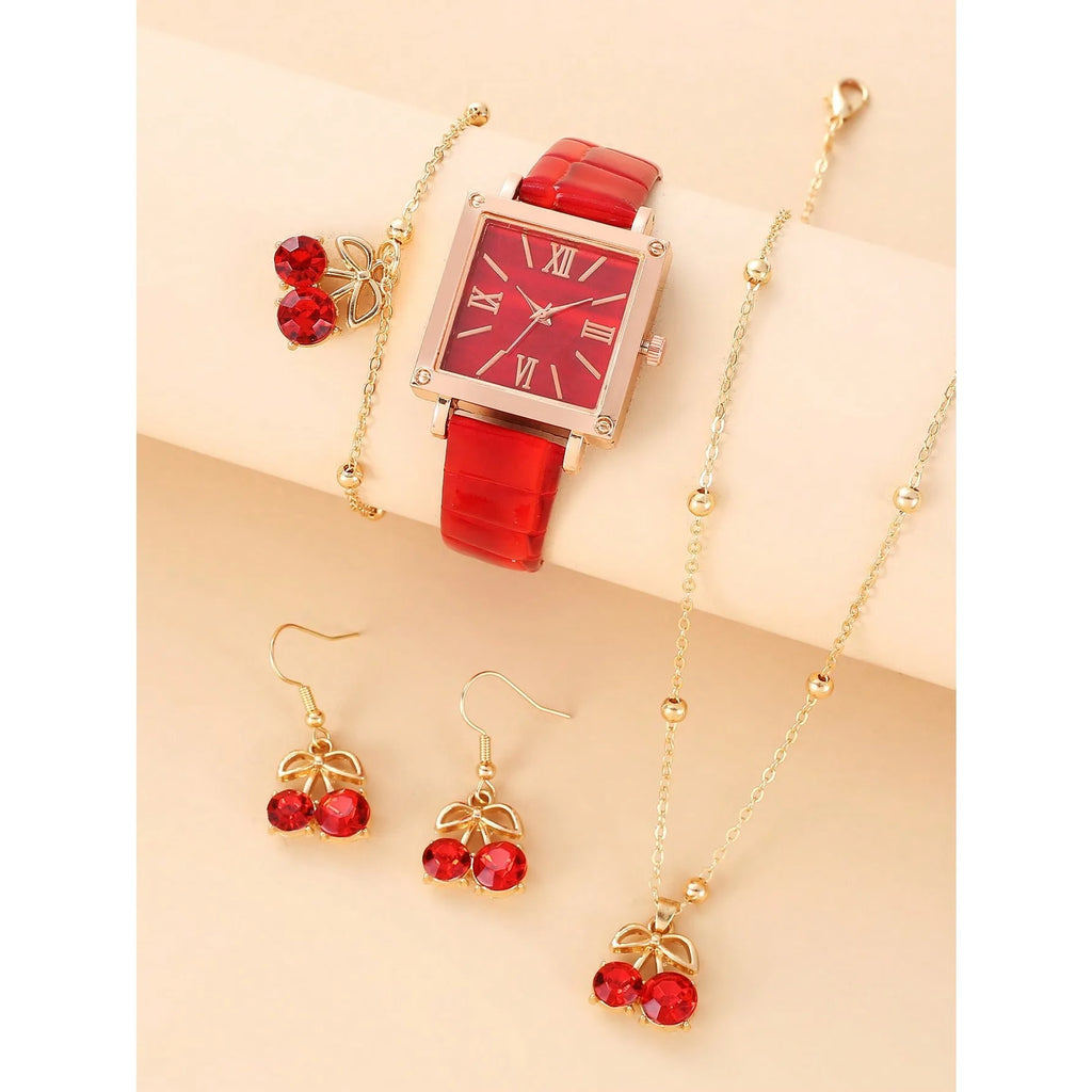 4Pcs Women Red Cherry Jewelry Watch Set, Square Roman Dial Red Leather Quartz Watch + Red Crystal Necklace Earrings Bracelet Kit Qme Red No