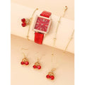 4Pcs Women Red Cherry Jewelry Watch Set, Square Roman Dial Red Leather Quartz Watch + Red Crystal Necklace Earrings Bracelet Kit Qme Red No