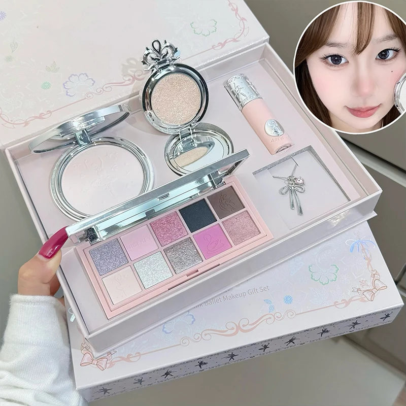 NICEKEY Pink Ballet Makeup Box Include 1*Lip mud,1*Pressed Powder,1*Highlight Powder,1*Eyeshadow Palette Powder With Necklace Qme