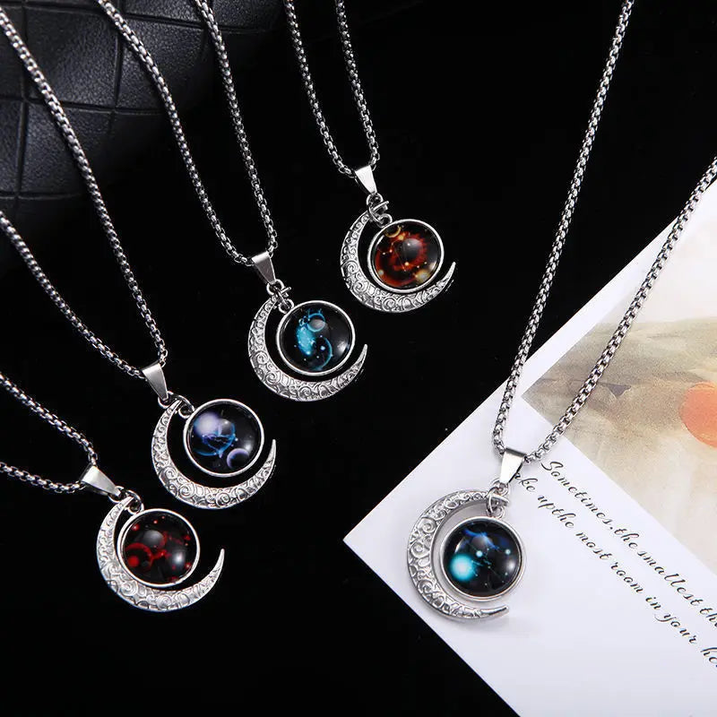 12 Constellation Luminous Necklace Zodiac Signs Jewelry Crescent Moon Pendant Glow In The Dark Necklace Birthday Gifts Unisex Qme