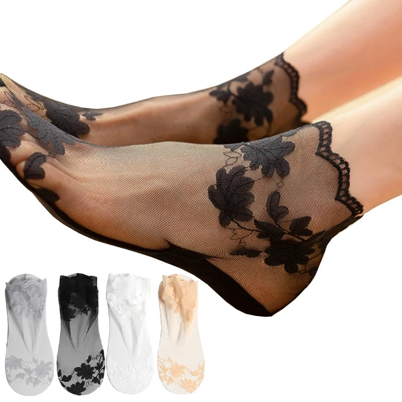 5 Pairs Lot Socks Breathable Elastic Women's Lace Transparent Qme