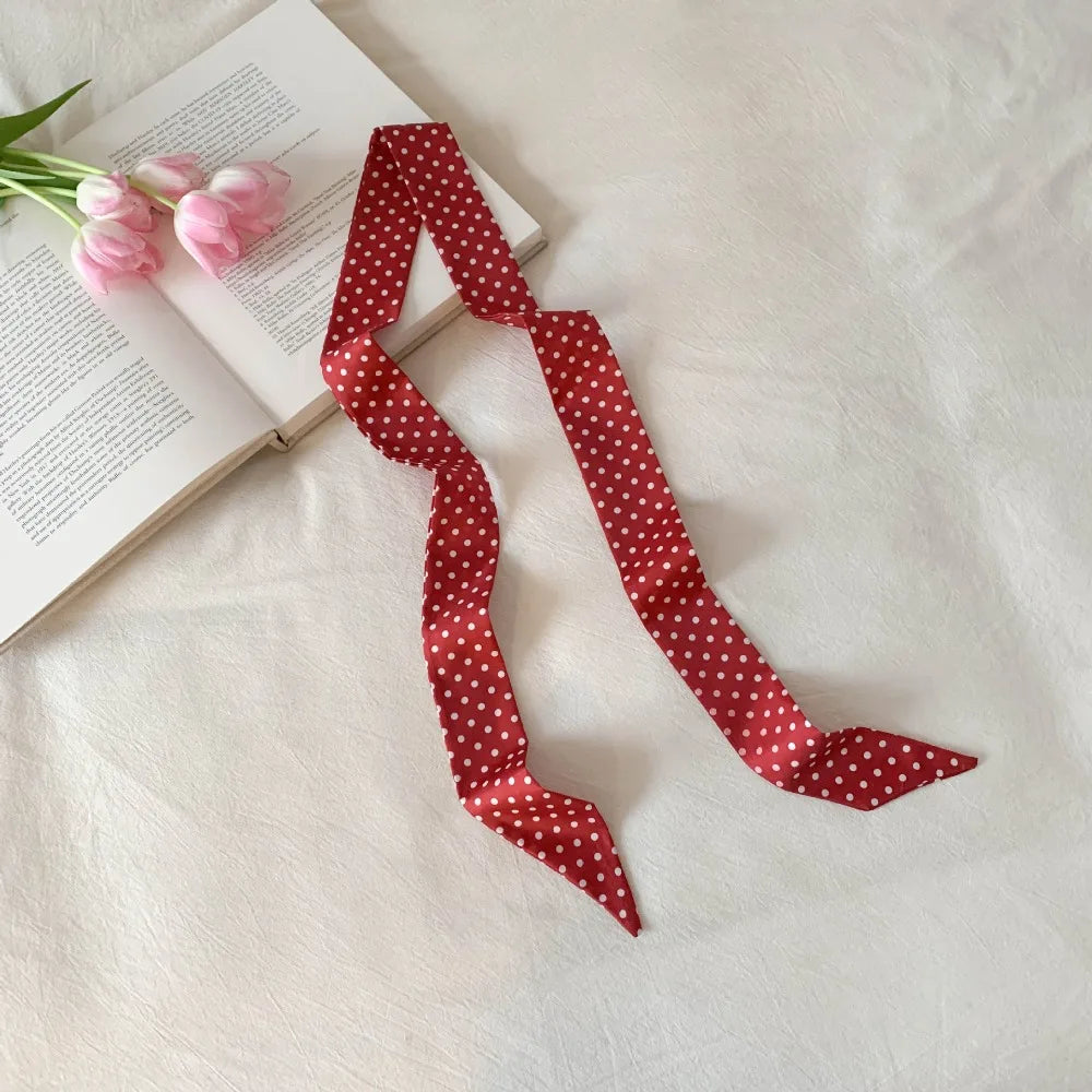 Retro Bow Ties Long Silk Scarf Ice Cream Printed Plaid Hair Band Qme Red