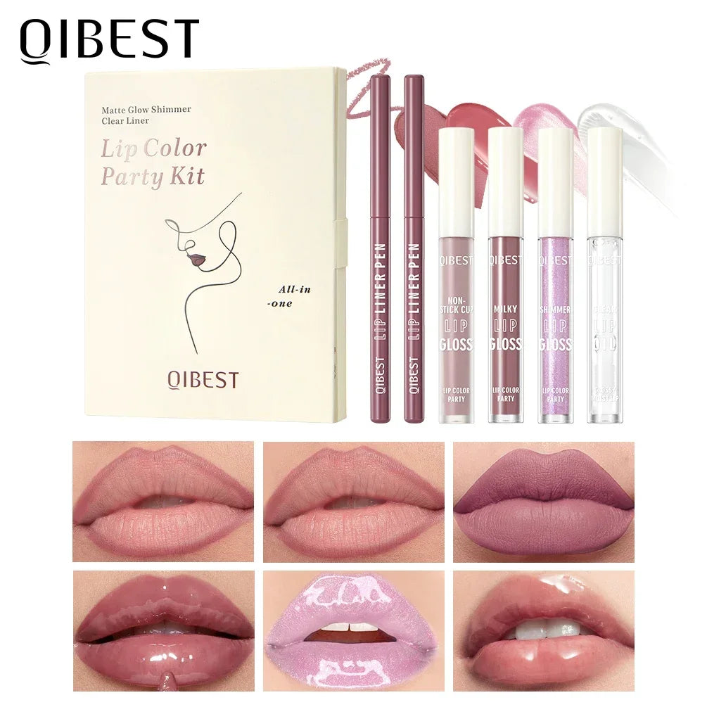QIBEST Multi-Use Lip Makeup Sets Include 2 Lipliner,1 Liquid Lipstick,2 Mirror Lip Glaze And 1 Lip Oil Cosmetics Lipgloss Tint Qme 02