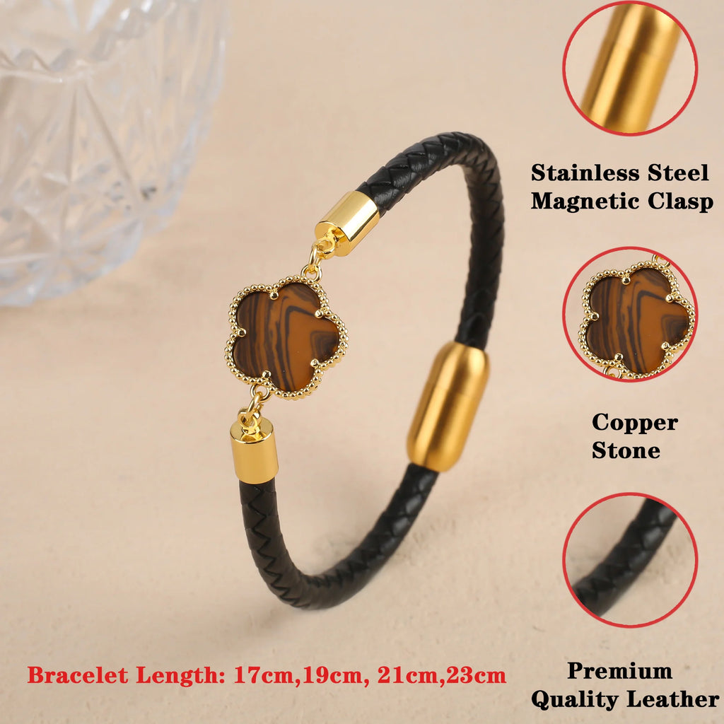 10 Colors Natural Gem Five-Leaf Flower Leather Bracelet Stainless Steel Magnetic Buckle for Women Flower Jewelry Free Shipping Qme