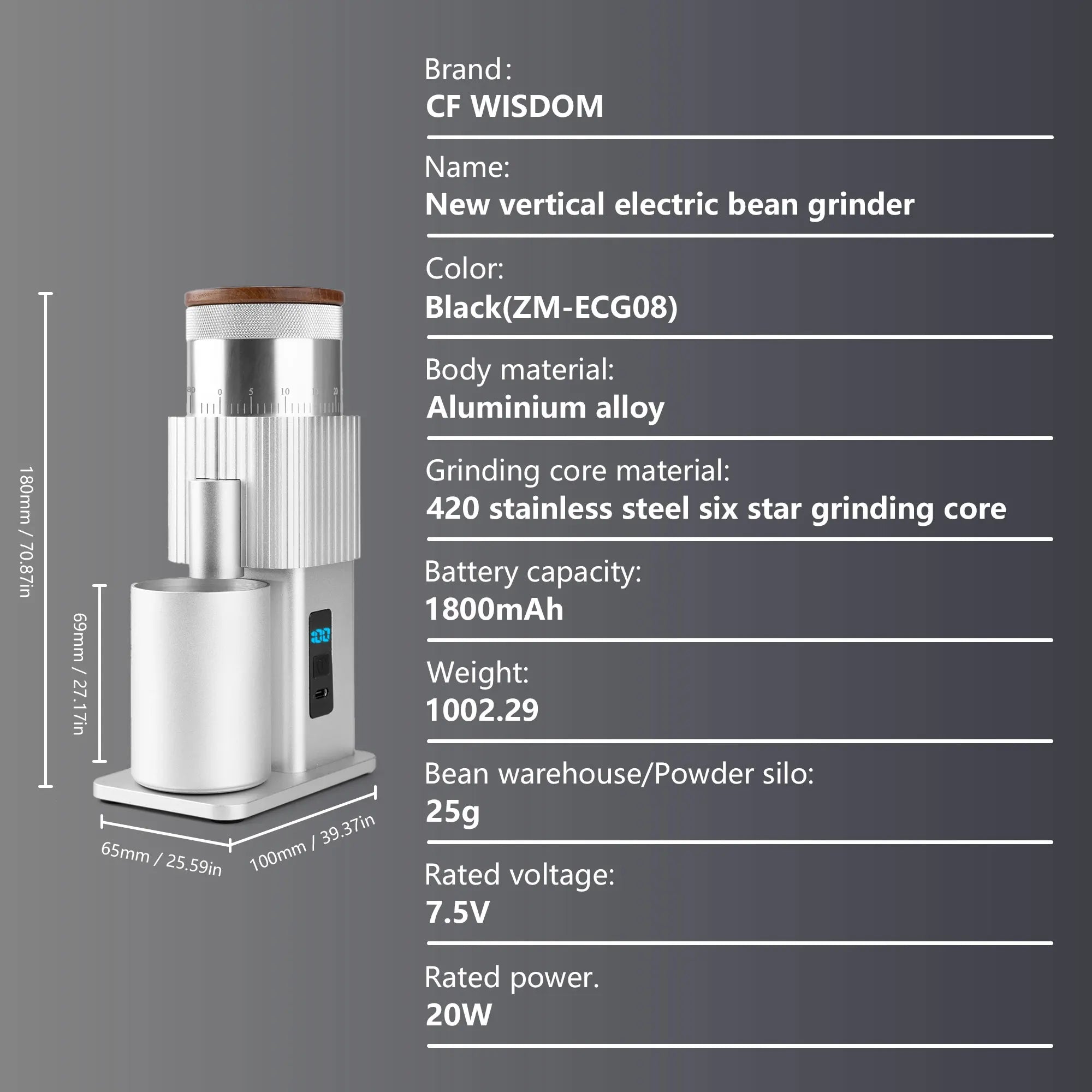 Portable Electric Coffee Grinder USB Rechargeable Bean Replaceable Qme ZM-ECG08