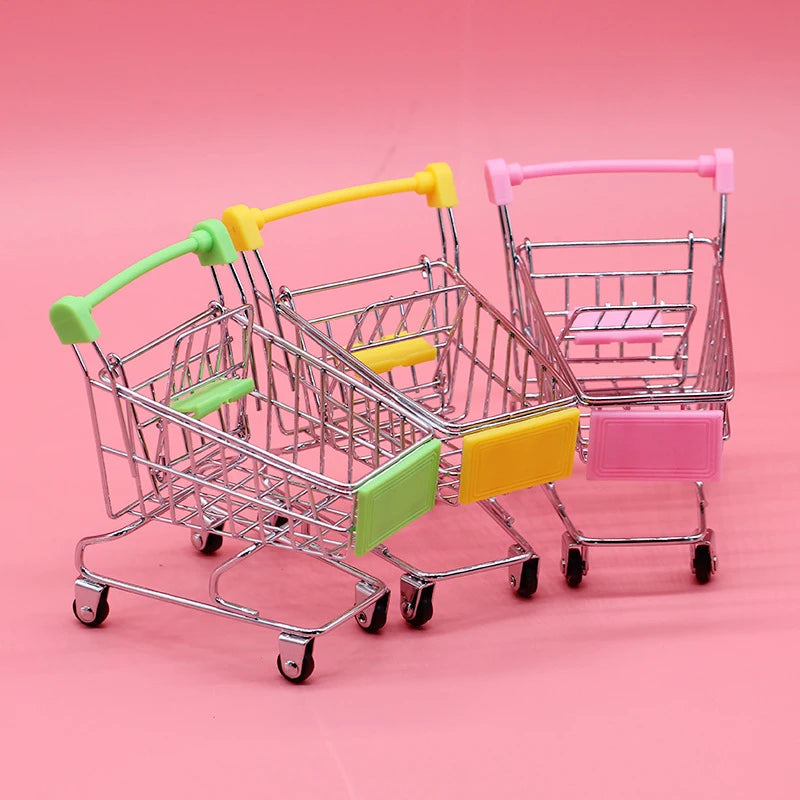 Children's Mini Simulation Shopping Cart Model Hand Cart Metal Model Storage Car Desktop Multifunction Storage Ornament Model Qme