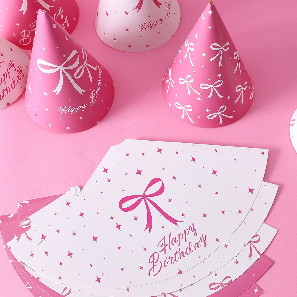 6 Pink Bow-Themed Party Paper Hats, Cute and Beautiful Pink Bow Designs, Suitable for Birthday Parties, Gender Reveal Parties, Birthday Gifts, Pink Bow Decoration Birthday Hats, Baby Party Photography Props, Party Favors, Gen Qme