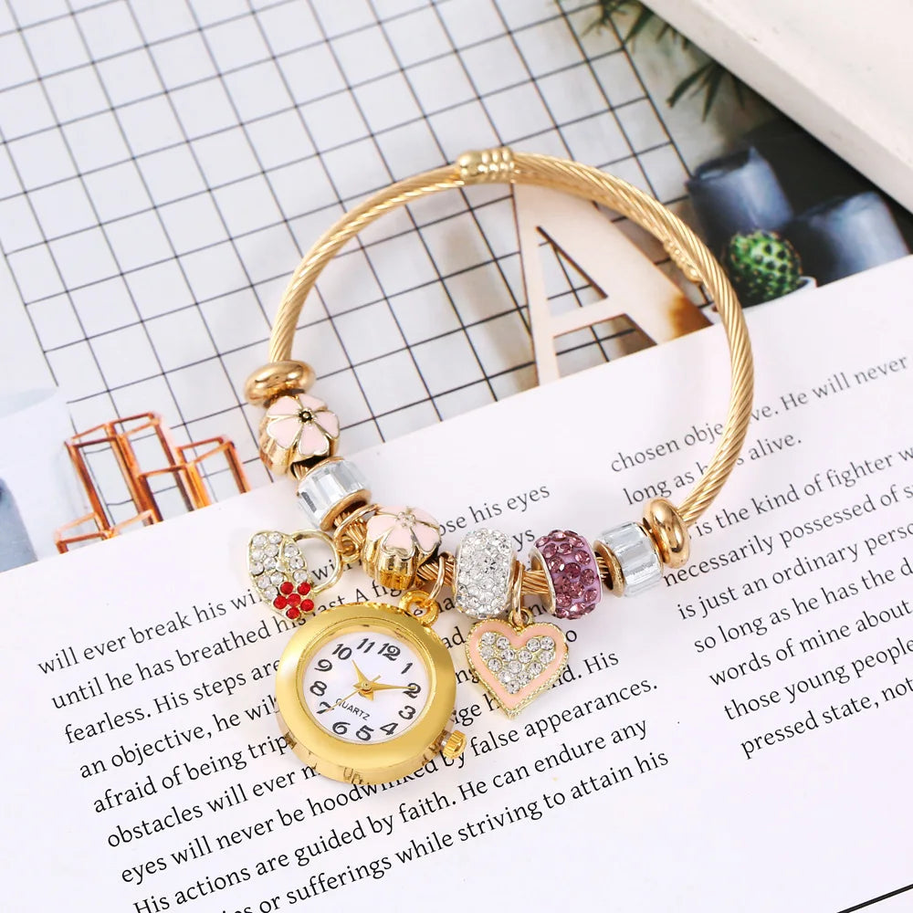 Golden Adjustable Opening Alloy Bracelet Quartz Bead Flower Pendant Couple Watch with Gift Box Qme 5