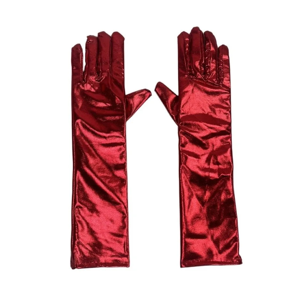 Simple Solid Color Patent Leather Gloves Elastic Shiny Long Gloves Sun Protection Lolita Women Mittens Halloween Cosplay Qme Red