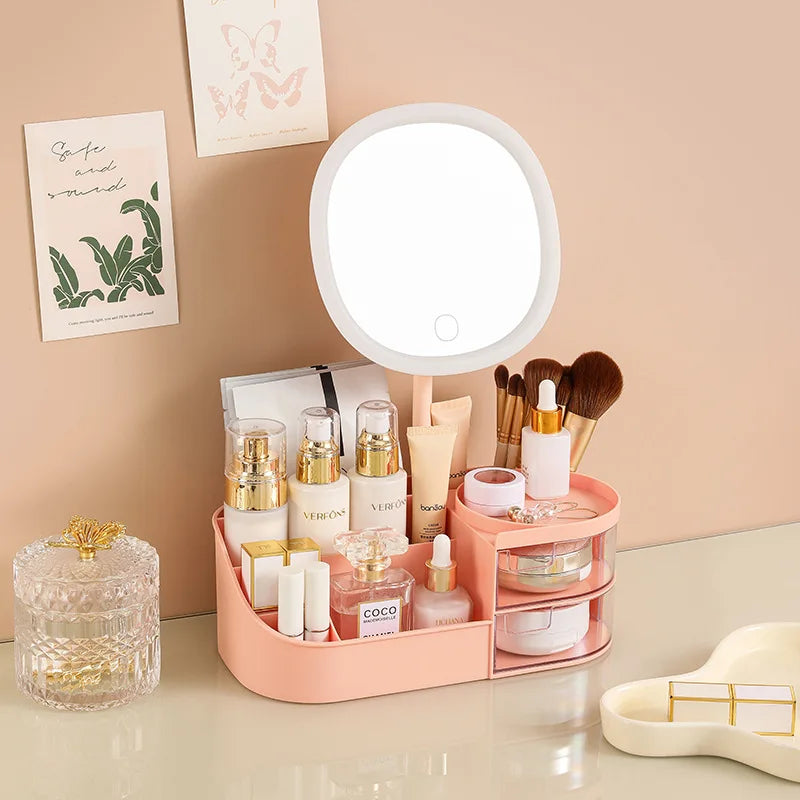 Makeup Storage Box With Mirror Desktop Dressing Table Makeup Mirror Cosmetics Jewelry Storage Box Touch Light Storage Organizer Qme SNordicPinkwithMirro