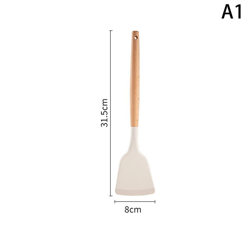 Wooden Handle Silica Gel Spatula Temperature Pot Frying Soup Ladle Qme A1