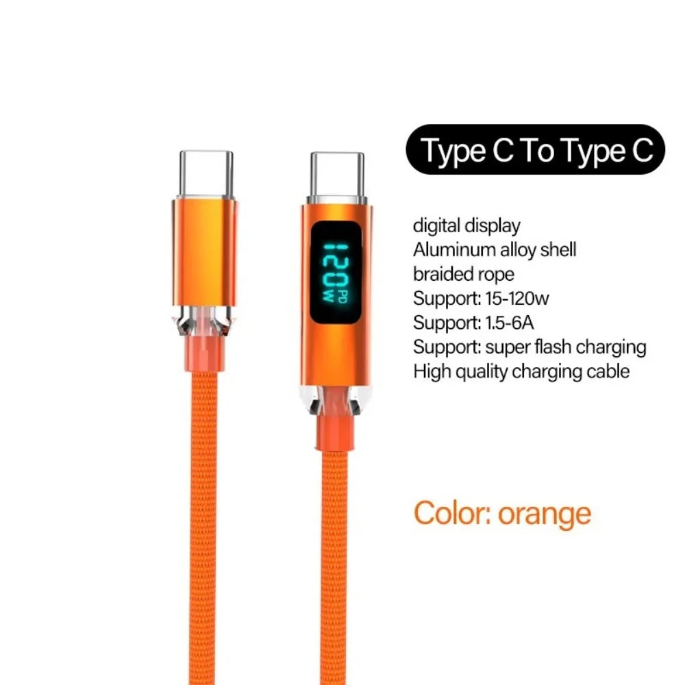 120W Digital Display USB Type C Fast Charging Wire Nylon Braided Dual USB-C Data Cable PD Quick Charge for IPhone 16 Pro Samsung Qme Orange 1.5m