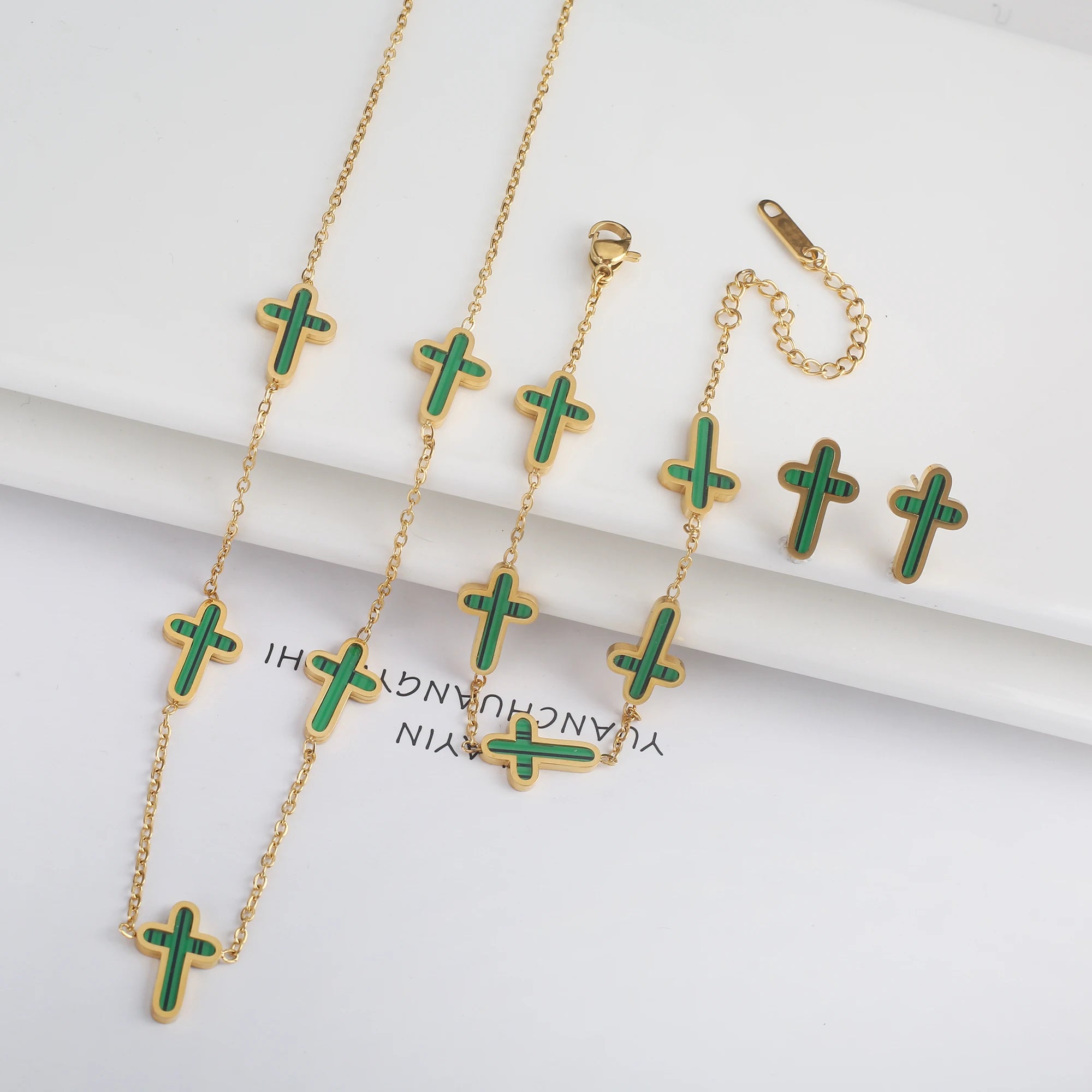 INS Hot Sale Charms Stainless Steel Shell Cross Necklace Jewelry Set Bracelet Earrings Luxury for Party Daily Wear Jewelry Gift Qme Set 2