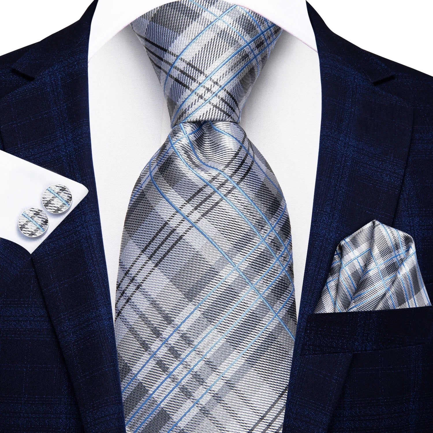 Hi-tie Fashion Blue Plaid Dots Men's Elegant Tie Handkerchief