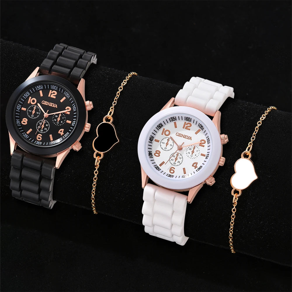 2Pcs Geneva Couple Men Watch Set Black Suede Leather Chronograph Quartz Wristwatch Roman Dial Black White Dual Face Gift Qme