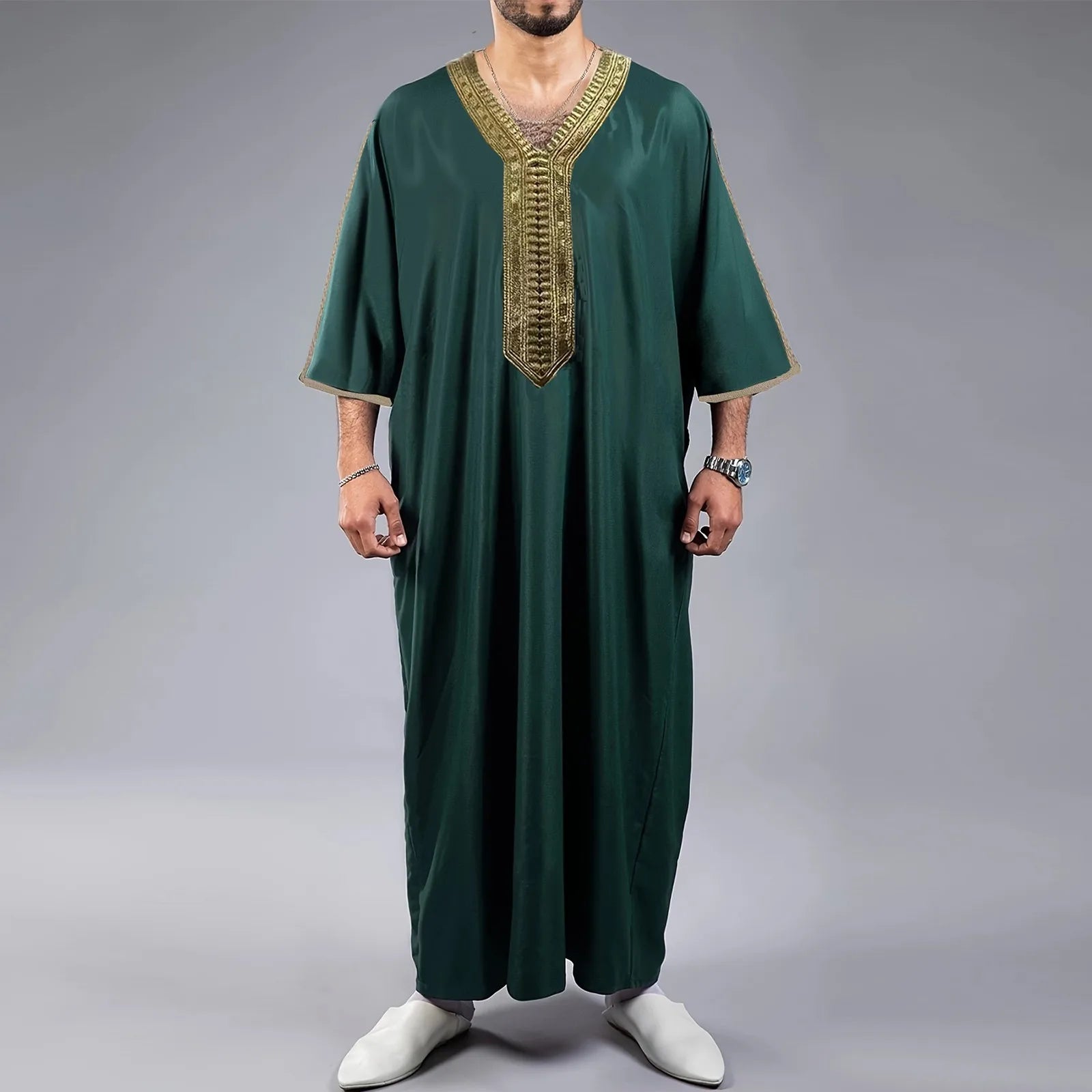 Men's Muslim Robe Arab Middle Robe Long Sleeve Embroidered Long Shirt Prayer Simple Loose Clothing Qme Dark Green XL