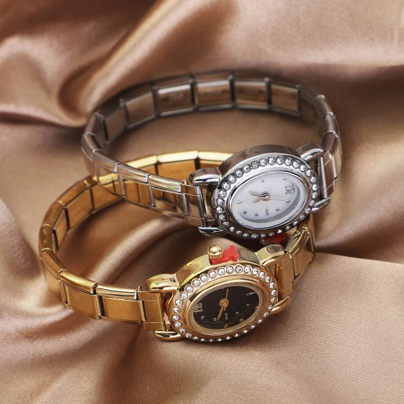 2025New Vintage High Quality Oval Inlaid Zircon Stainless Steel Watch Bracelet Women's 9MM DIY Italian Charm Bangle Jewelry Gift Qme