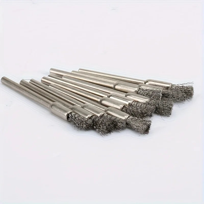 10-Piece stainless steel wire brush, 3mm round handle, uncharged cleaning, deburring and polishing brush for precision work Qme