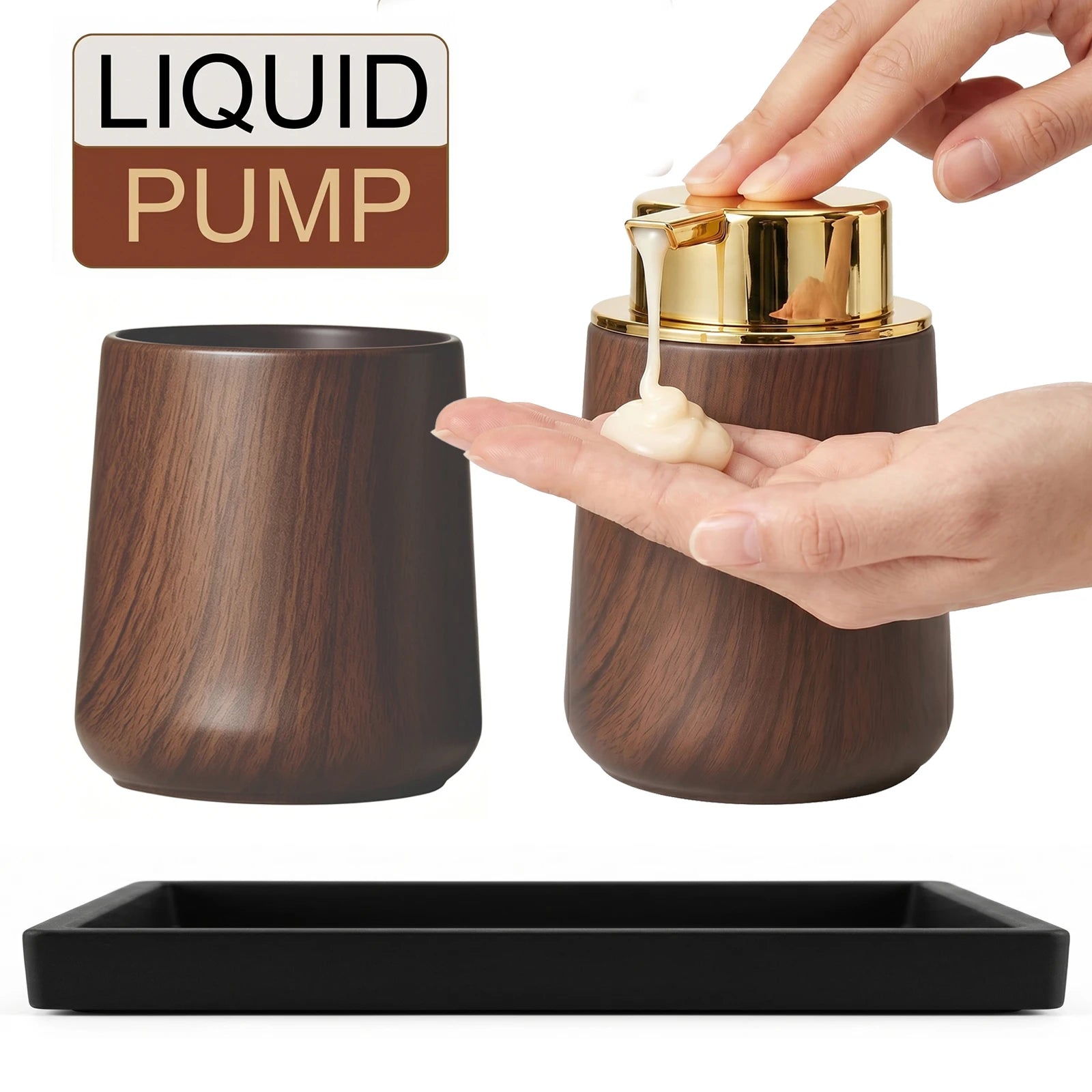 Cotton Lotion Hand Toothpaste Brush Storage Countertop Accessories Walnut Foam Soap Dispenser Bottle Set for Kitchen Bathroom Qme LIQUID-SET A