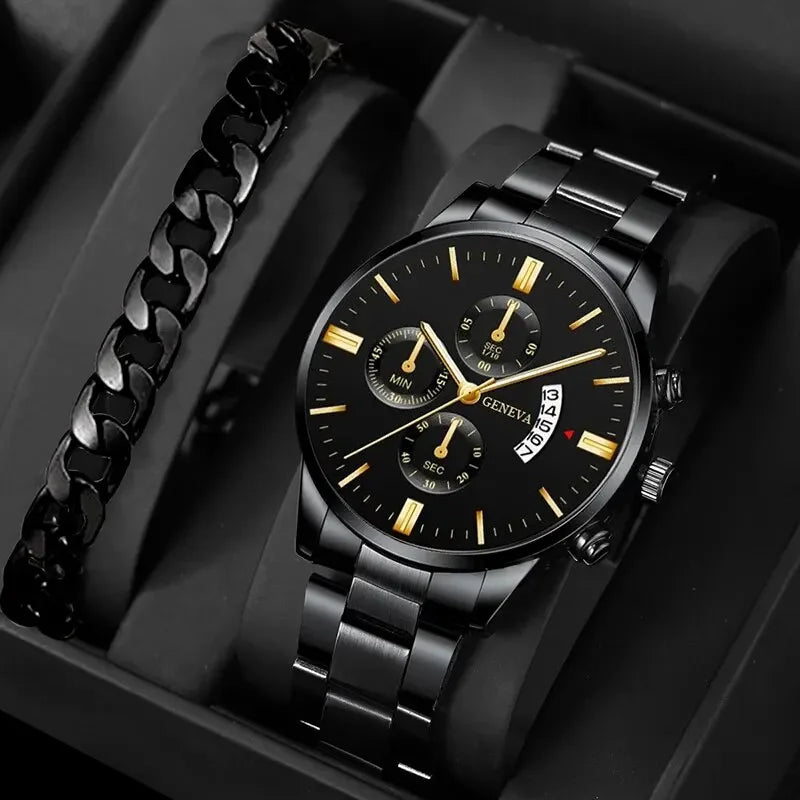Fashion Men Stainless Steel Watch Luxury Calendar Quartz Wrist Watch Business Watches Man Clock Male Bracelet Wristwatch Qme Black Black