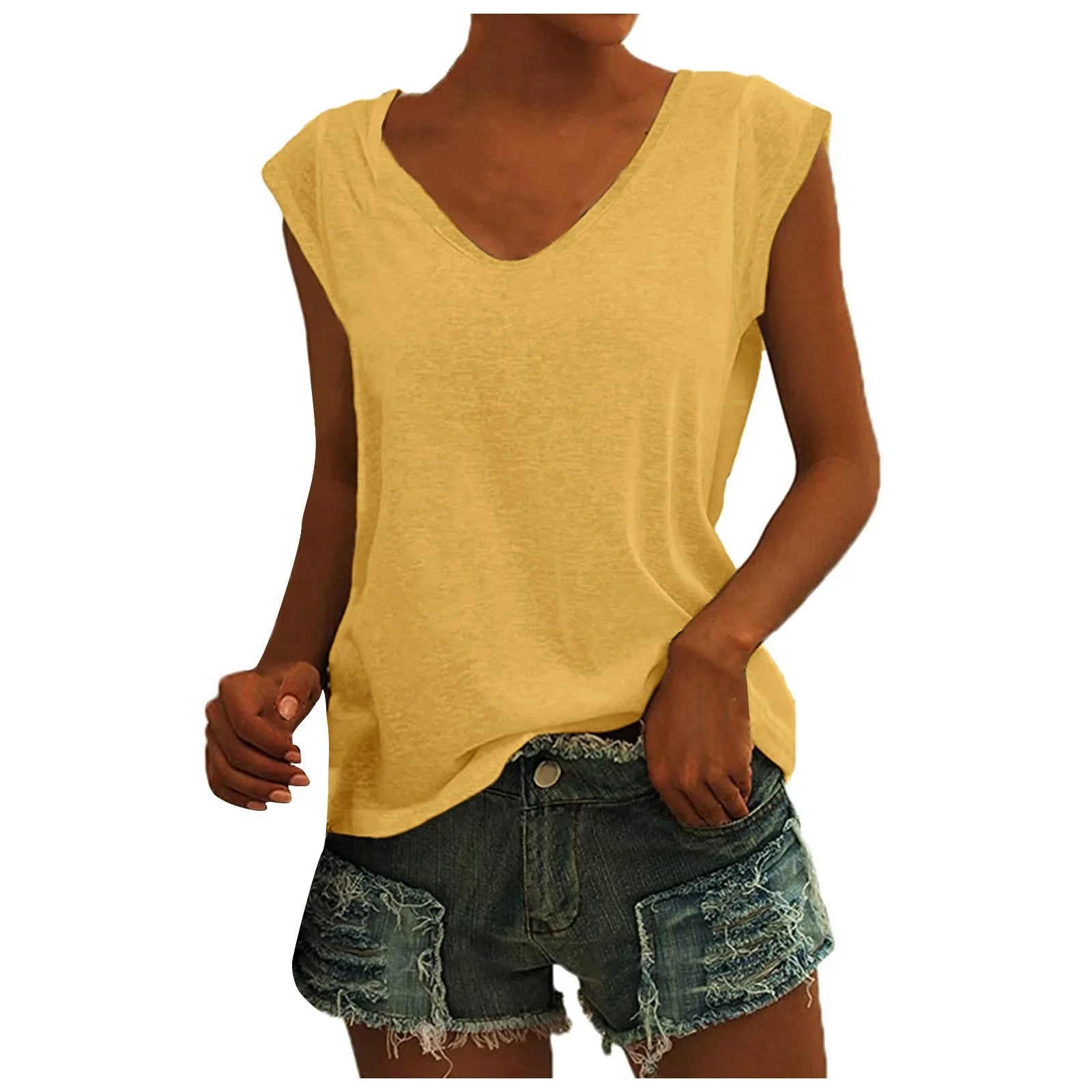 Women's Solid Color Minimalist Fashionable V-Neck Sleeveless T-Shirt Casual And Versatile Loose Summer Basics Street Tank Tops Qme Yellow M