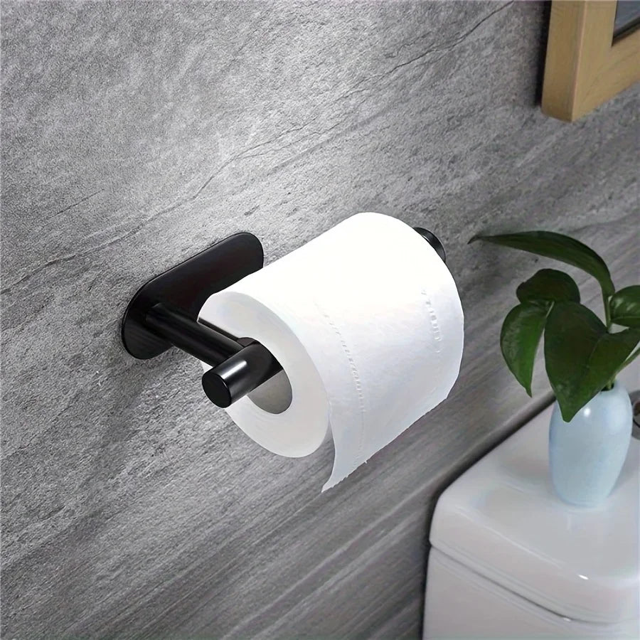 1pc Toilet Paper Holder - Self-Adhesive Toilet Paper Holder, SUS 304 Stainless Steel No-Drill Toilet Roll Holder, Matte Black Qme