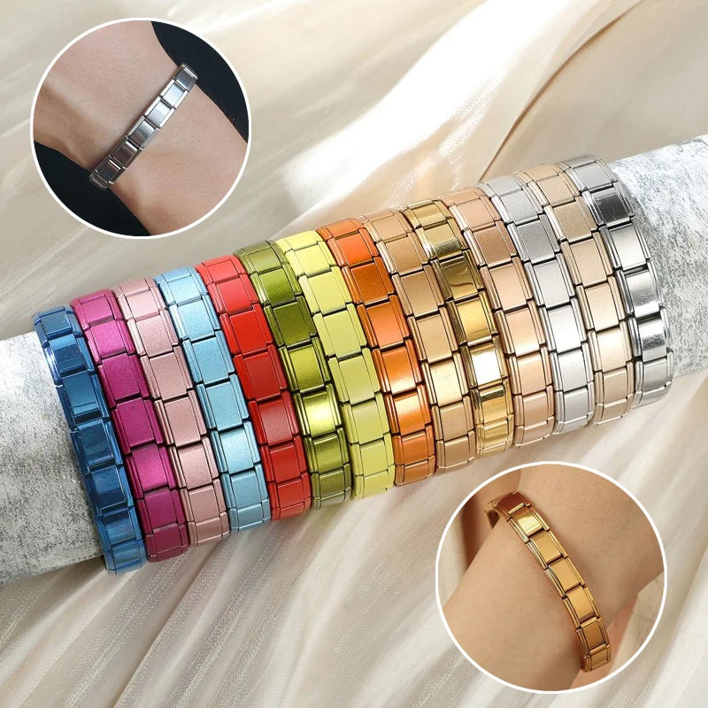 Italian Charms Silver Blue Stainless Steel Elastic Link Bangle 9mm Width Hand Chain DIY Module Bracelets Making Jewelry Gifts Qme