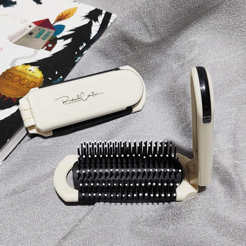 Compact Folding Hair Brush Mirror Portable Anti-static Comb Travel Qme