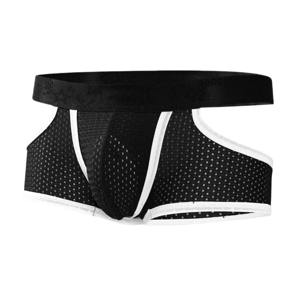 Quick-Drying Silky Fiber Men's Mesh Boxer Briefs Split Design Separation Male Ice Silk Panties Lingerie Four-Way Stretch Qme Black L