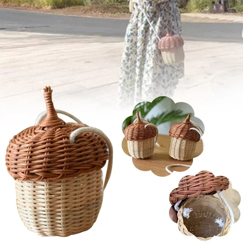 Acorn-shaped Storage Basket Hand-woven Round Rattan Bag Bucket Qme
