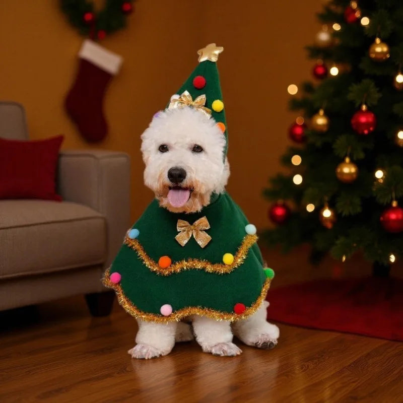 Pet cat and dog Christmas cloak with hat, stars and fluffy balls, suitable for small and medium-sized dogs during Christmas Qme