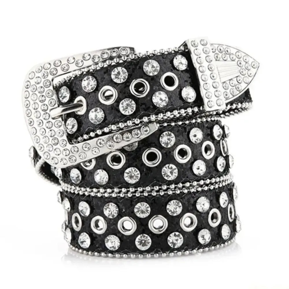 Simple PU Leather Rhinestone Belts Spicy Girl Blingbling Rivet Belt Qme Black