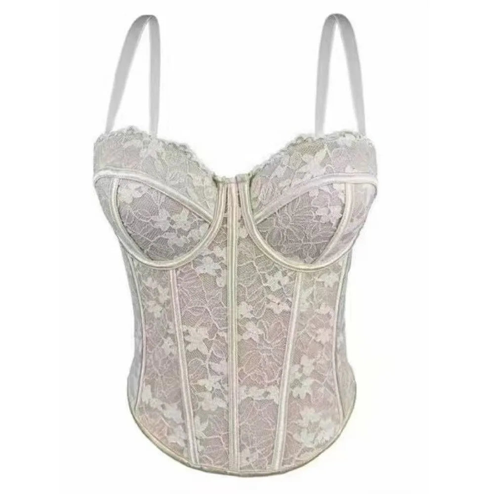 Sweet Mesh Flower Slim Lace Crop Bottoming Shirt Fishbone Corset Qme Nude One Size