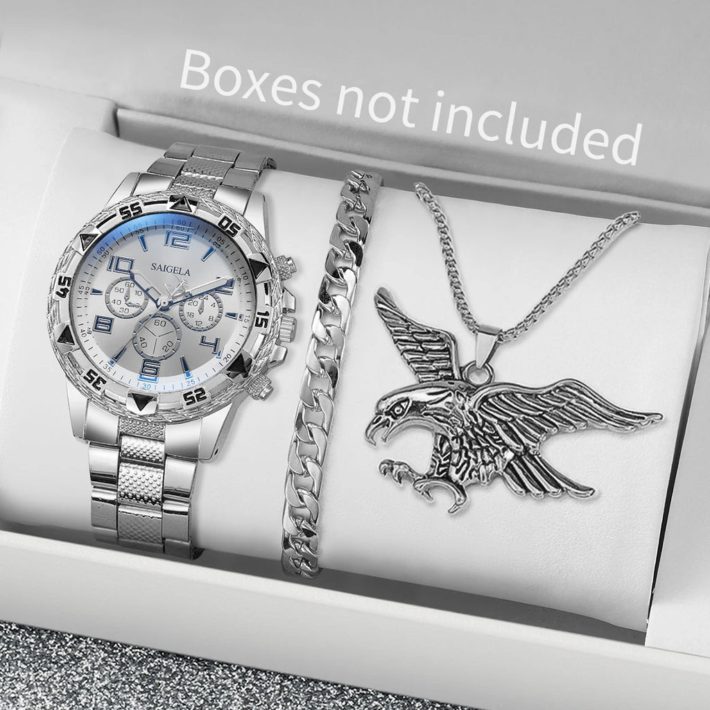 Men's Stainless Steel Quartz Wrist Watch, Casual Set With Necklace And Bracelet, Caseless Business Watches, Fashion, 3 Pieces Qme 3