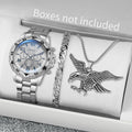 Men's Stainless Steel Quartz Wrist Watch, Casual Set With Necklace And Bracelet, Caseless Business Watches, Fashion, 3 Pieces Qme 3