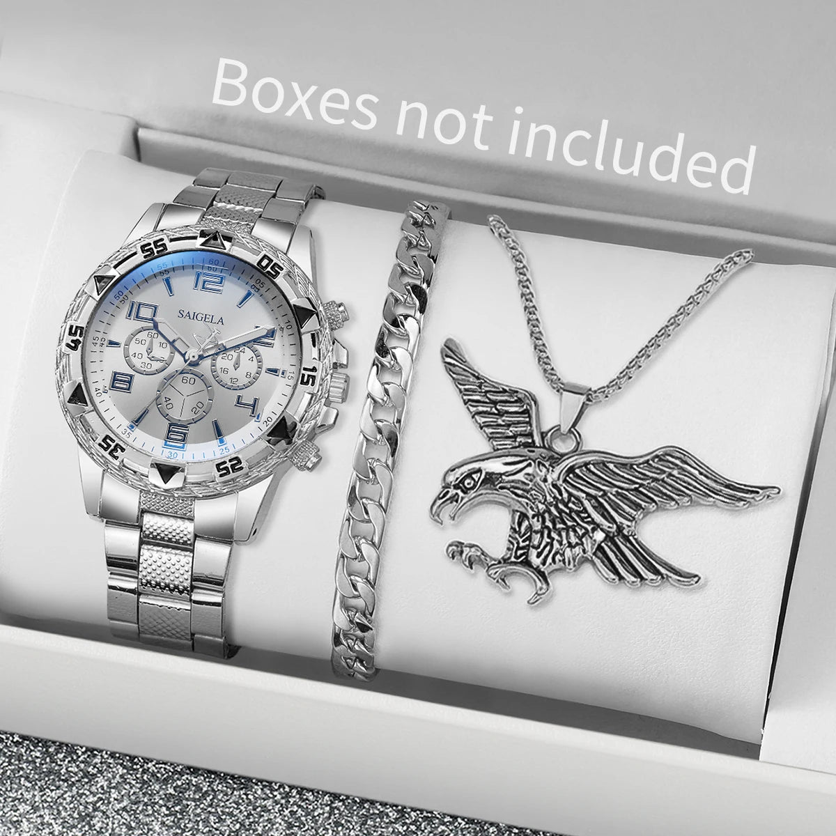Men's Stainless Steel Quartz Wrist Watch, Casual Set With Necklace And Bracelet, Caseless Business Watches, Fashion, 3 Pieces Qme 3