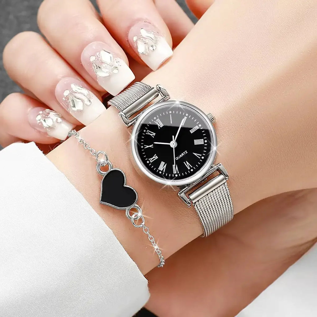 4PCS Fashion Roma Dial Quartz Watch Casual Mesh Strap Women Watches Bracelet Set Reloj Mujer（Without Box） Qme