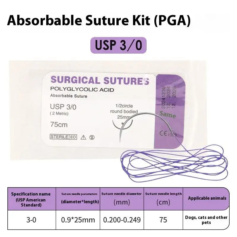 1/5PCS PGA 75CM With Needle 3/0 2/0 0 1 2 3 Absorbable Suture Thread Pet Dog Specific Teaching Demonstrations Exercises Use Qme 5pcs A