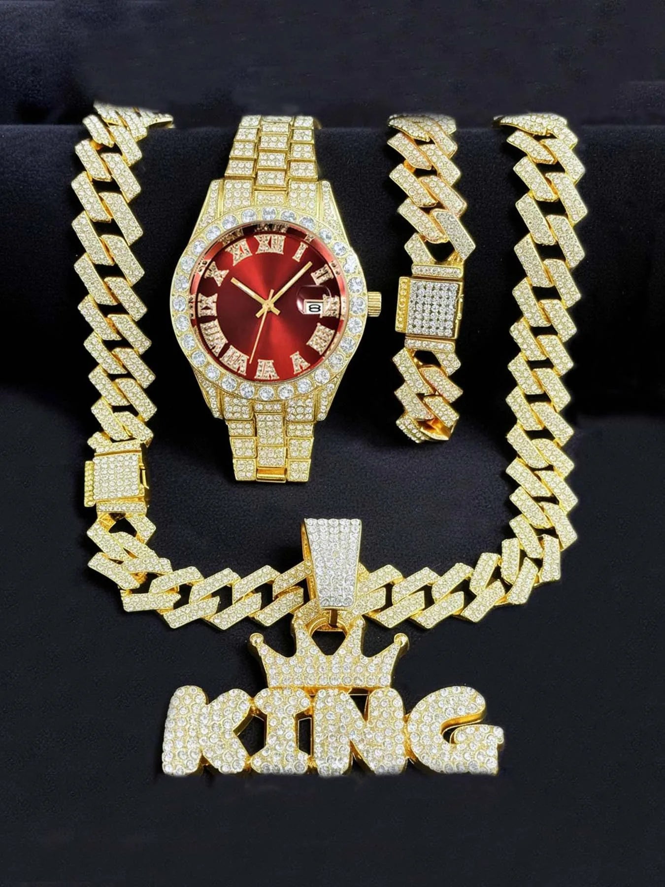 Men's Bling Jewelry Set: Gold Iced Out Watch + Cuban Link Chain + Bracelet + "KING" Crown Pendant Necklace, 3Pcs Hip Hop Set Qme Rose