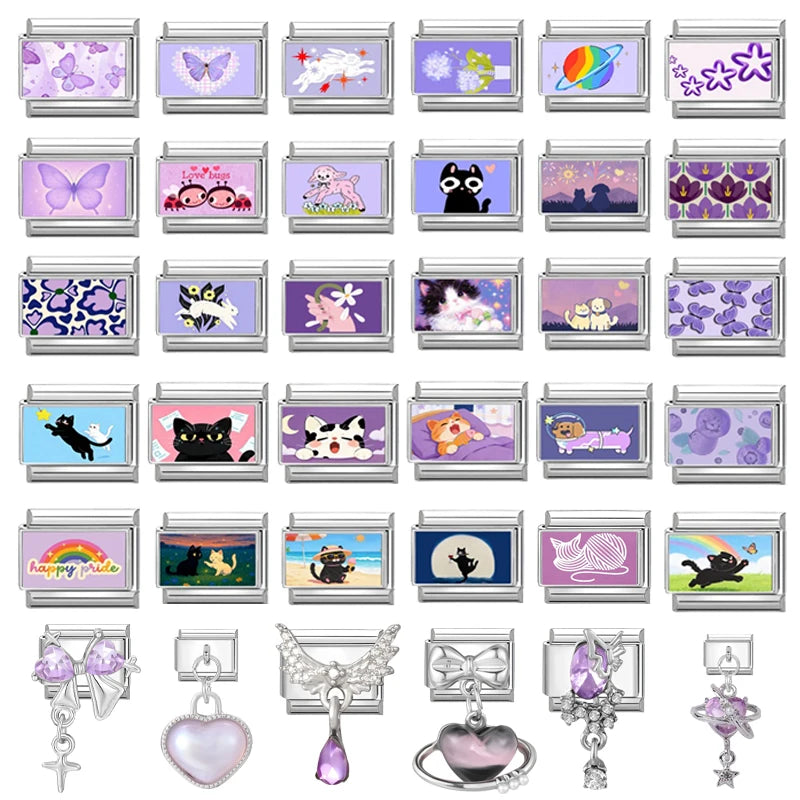 New Fashion Purple Series Flowers Cats Dogs Pet Italian Charms Fit 9mm Stainless Steel Women Fashion Bracelet DIY Jewelry Gift Qme