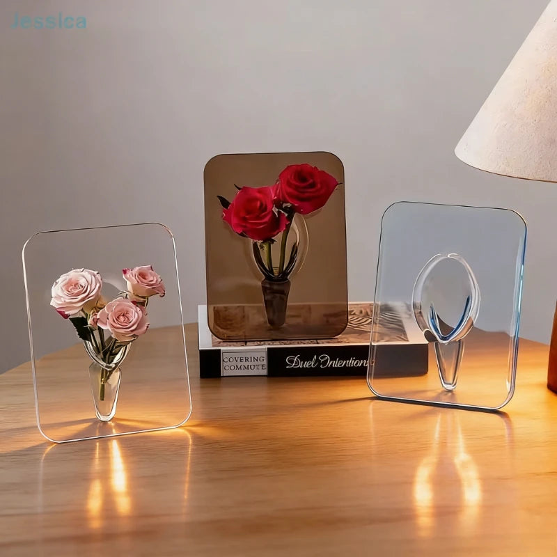 Modern Transparent Acrylic Frame Vase, Decorative Photo Frame Flower Vase for Desktop & Bookshelves Home Decoration Qme