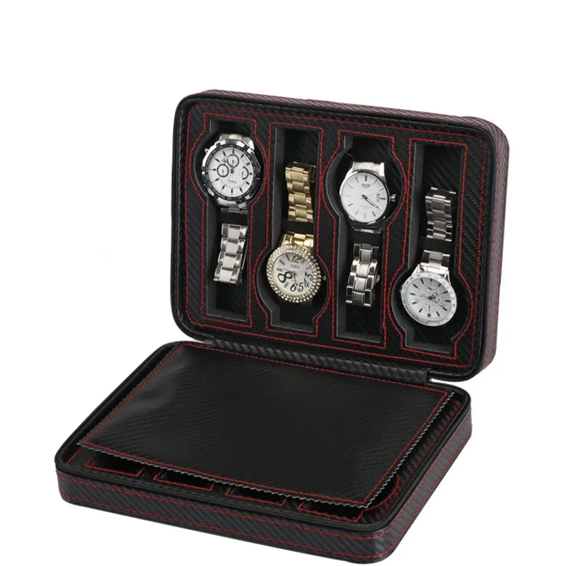 New Travel Dustproof Embedded Watch Box Zipper Portable PU Leather Storage Case Watch Display Box For Trips And Gifts Qme 8 Grids Carbon fiber
