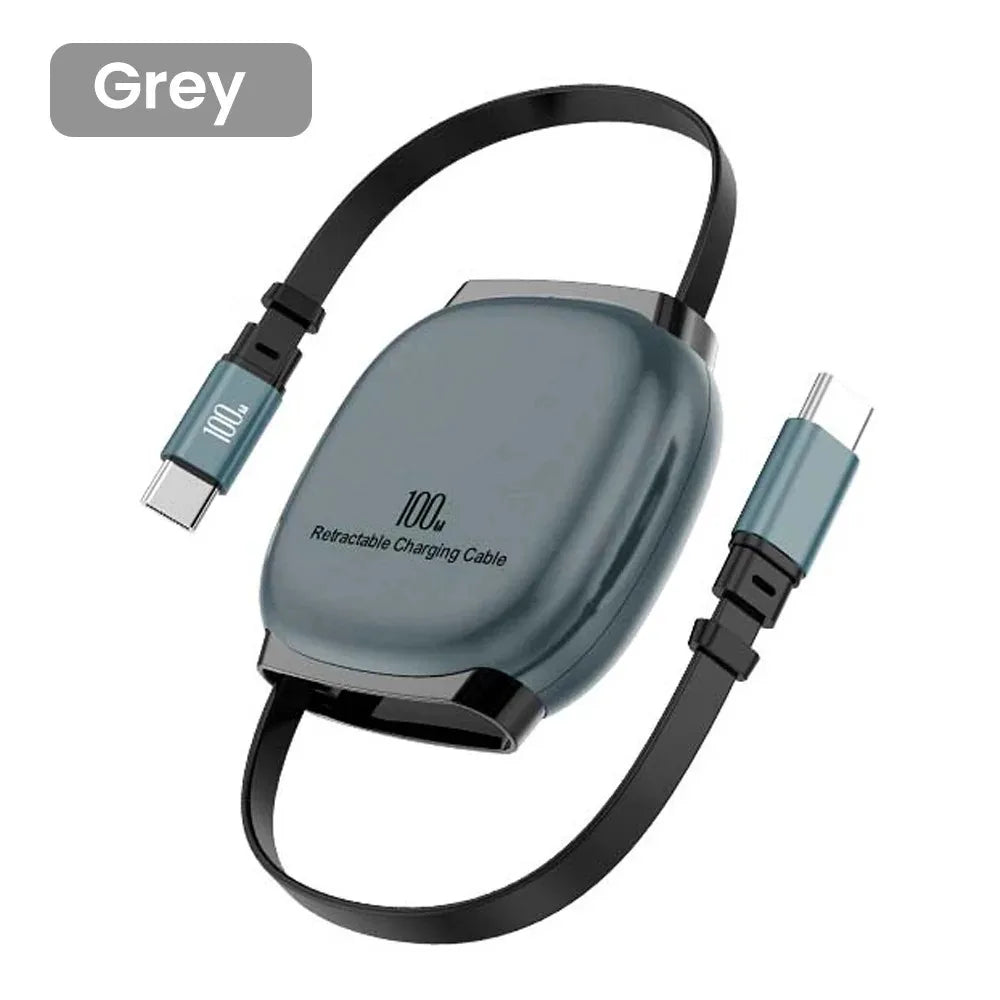 USB C 100W Fast Charging Retractable Cable Type C Mobile Phone Charge Wire Car Kit Portable PD 1M Charge Line For iPhone Realme Qme Grey 1m