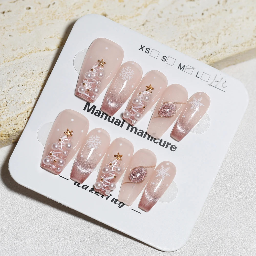 Christmas Nail Mid-lenght Press Pink Cat Eye Lustrous Fake Snowflake Qme GJ-CDJ-ZB52-M