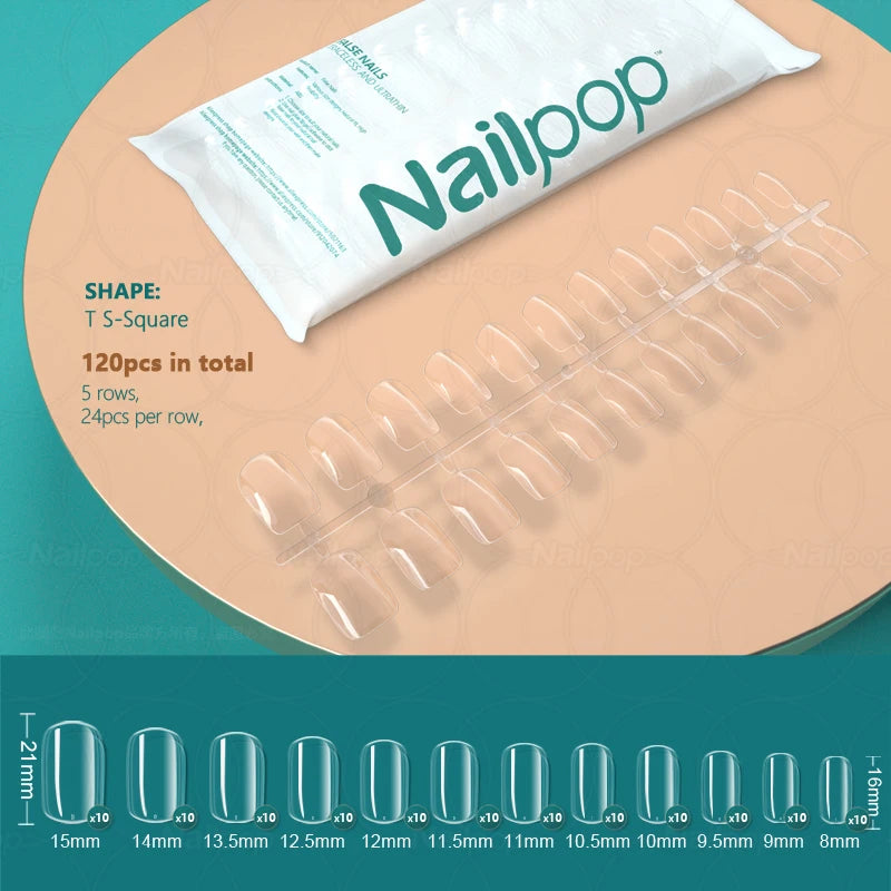 NAILPOP False Nails Acrylic Press Coffin Artificial Clear Fake Nail Qme Clear S-Square 120