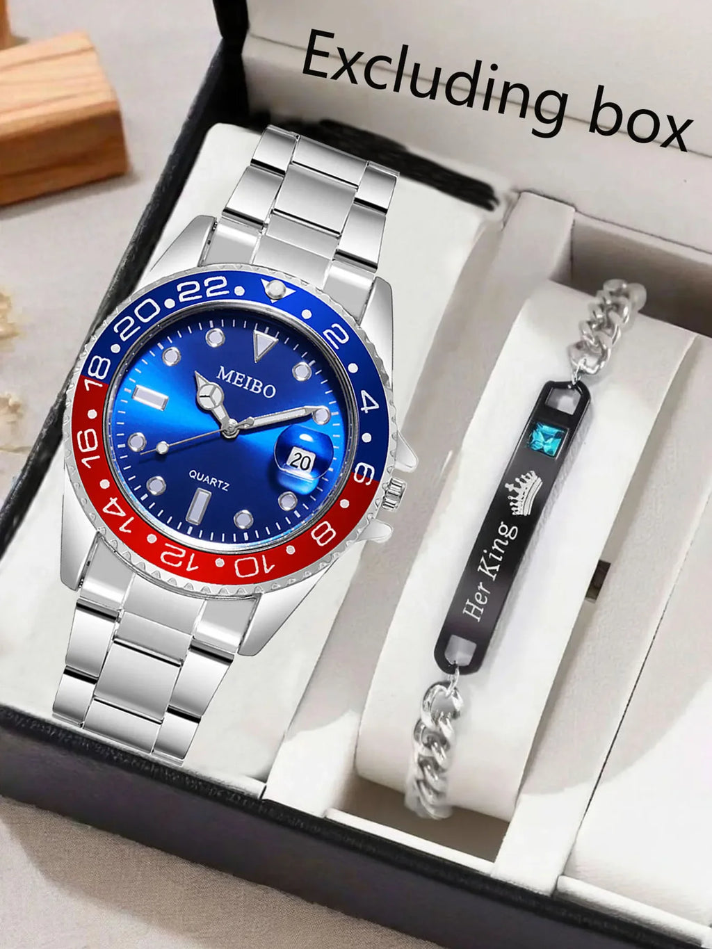 1 pcs of steel strip men's watch quartz watch fashion alloy men's watch gold and 1 pcs of crown bracelet Qme